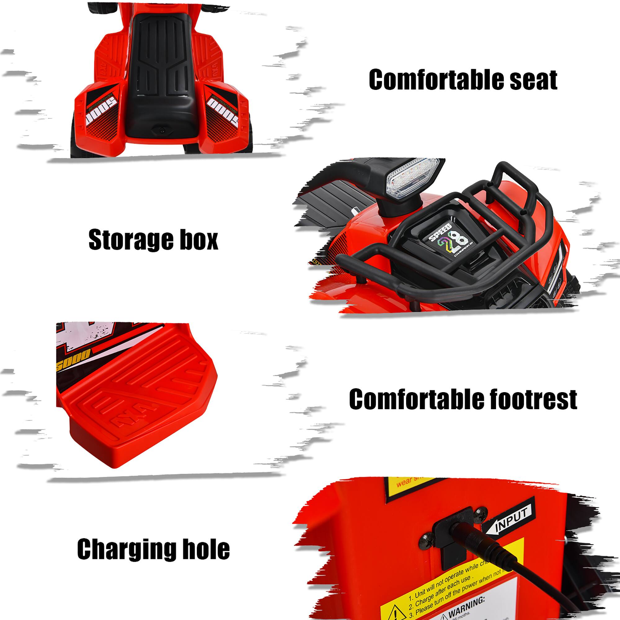 - Comfortable seat
- Storage box
- Comfortable footrest
- Charging hole

WARNING:
1. Unit will not operate while charging.
2. Charge after each use.
3. Please turn off the power when not in use.
