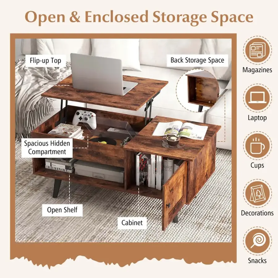 Open & Enclosed Storage Space: This image showcases a piece of furniture that offers both open and enclosed storage options. The flip-up top provides easy access to the enclosed storage space, while the back storage space offers additional hidden compartment for storing items.

Magazines: The image also features a collection of magazines, which are neatly arranged and easily accessible.

Laptop: A laptop is present in the image, indicating that the furniture is designed to accommodate electronic devices and workspaces.

Spacious Hidden Compartment: The furniture has a spacious hidden compartment, providing ample storage space for various items.

I Cups: The image also includes a collection of I cups, which are likely used for beverages or other purposes.

Open Shelf: The furniture features an open shelf, which allows for easy access to stored items.

Cabinet: The piece of furniture is a cabinet, which offers additional storage options for various items.

Decorations: The image also showcases decorative elements, such as books and other items that contribute to the overall aesthetic of the space.

Snacks: Lastly, the image includes a collection of snacks, indicating that the space is designed to accommodate everyday items and activities.