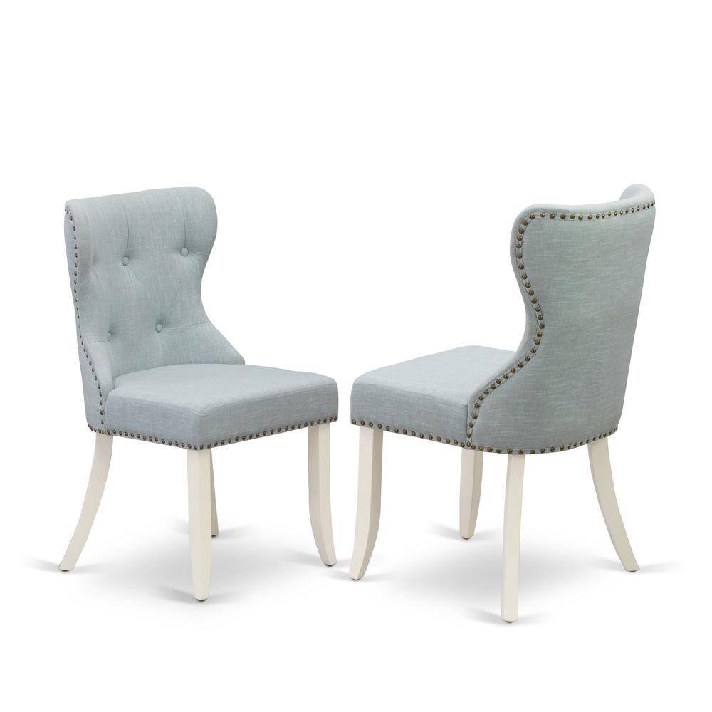 East West Furniture - Set of 2 - Parson Chairs- Dining Room Chair Includes Linen Solid Wood Structure with Baby Blue Linen Fabric Seat - White