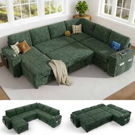 Vipbear - 110" Modular Sectional Sleeper Sofa with Pull Out Bed, 7 Seat L Shaped with Reclining Backrest,Chenille Green - Green