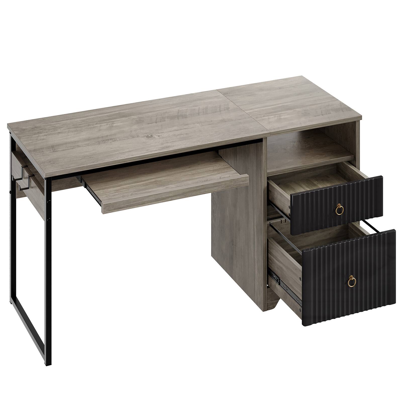 Alt View 3. Bestier - 55inch Executive Computer desk with Keyboard Tray Modern Storage File Drawer Fluted Panel 2 Hooks - Grey Wash.