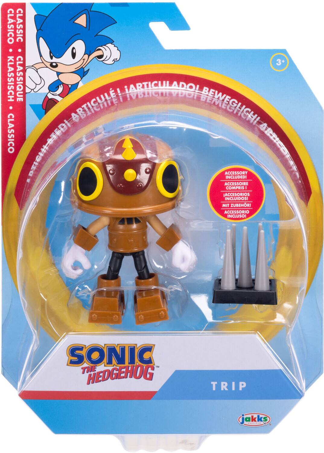 Sure, here is the corrected and grouped text from the image:

---

**Top Left:**
- CLASSICO
- KLASSISCH
- CLASSIQUE
- CLASSICO

**Top Center:**
- ARTICULADO
- ARTICULÉ
- BEWEGLICH
- ARTICULADO

**Top Right:**
- 3+

**Middle Left:**
- ACCESSORY INCLUDED!
- ACCESSOIRE COMPRIS!
- ACCESORIOS INCLUIDOS!
- MIT ZUBEHÖR!
- ACCESSORIO INCLUSO!

**Middle Center:**
- SONIC THE HEDGEHOG

**Middle Right:**
- TRIP

**Bottom Right:**
- Jakks Pacific

**Bottom Center:**
- SONIC THE HEDGEHOG

---