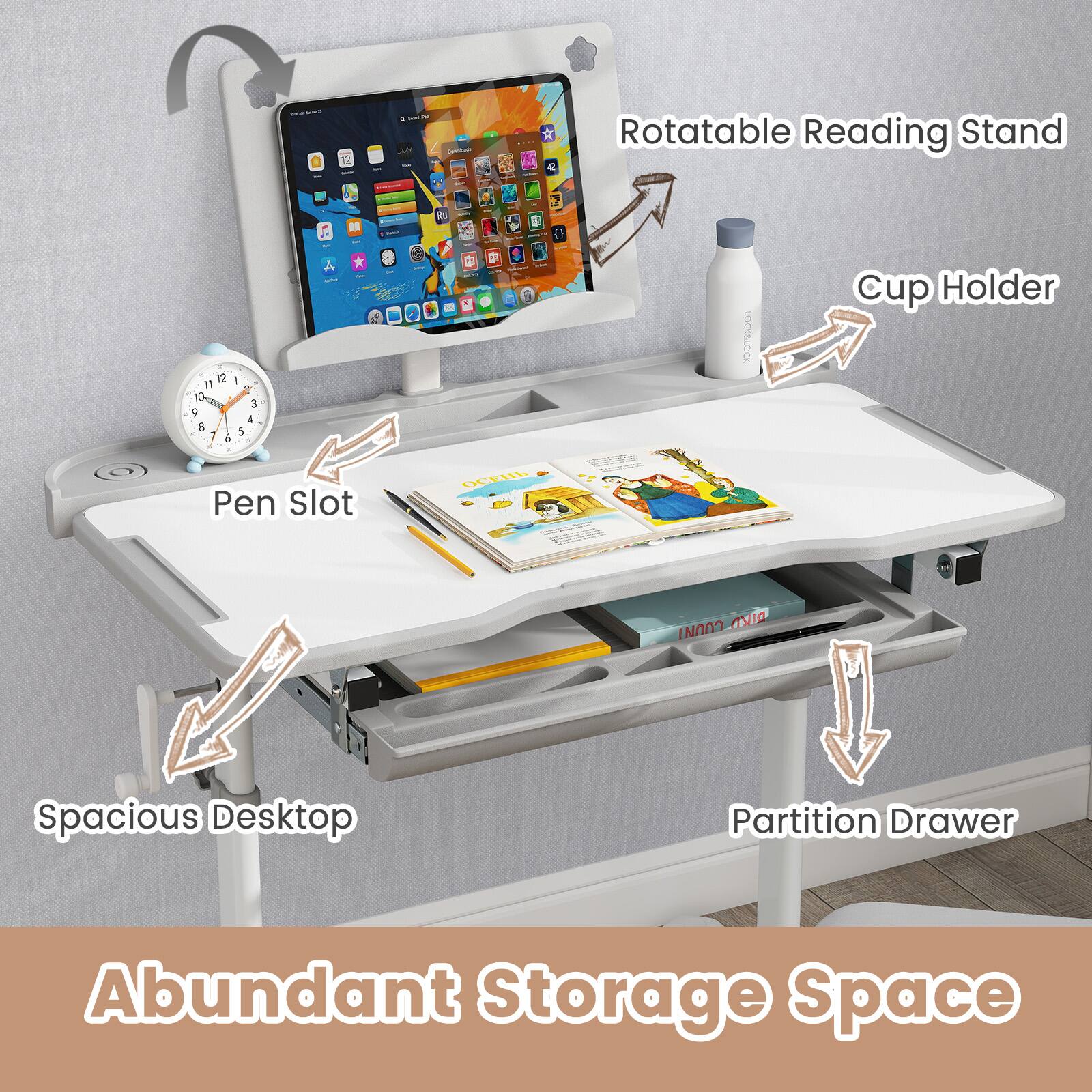 - Rotatable Reading Stand
- Cup Holder
- Pen Slot
- Spacious Desktop
- Partition Drawer
- Abundant Storage Space