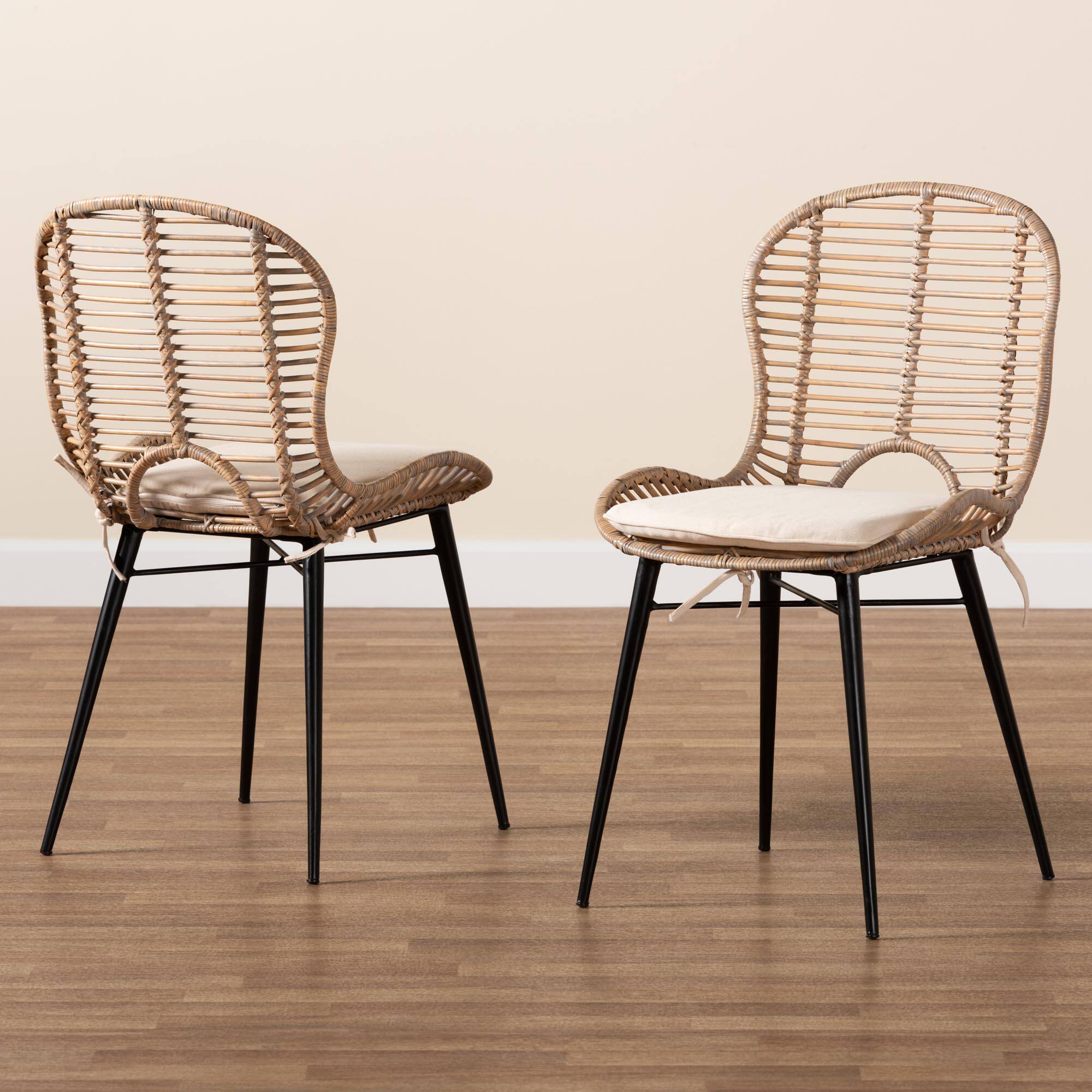 Alt View 4. bali & pari - Brenna Modern Bohemian Rattan and Metal 2-Piece Dining Chair Set - Greywash/Natural Brown/White.