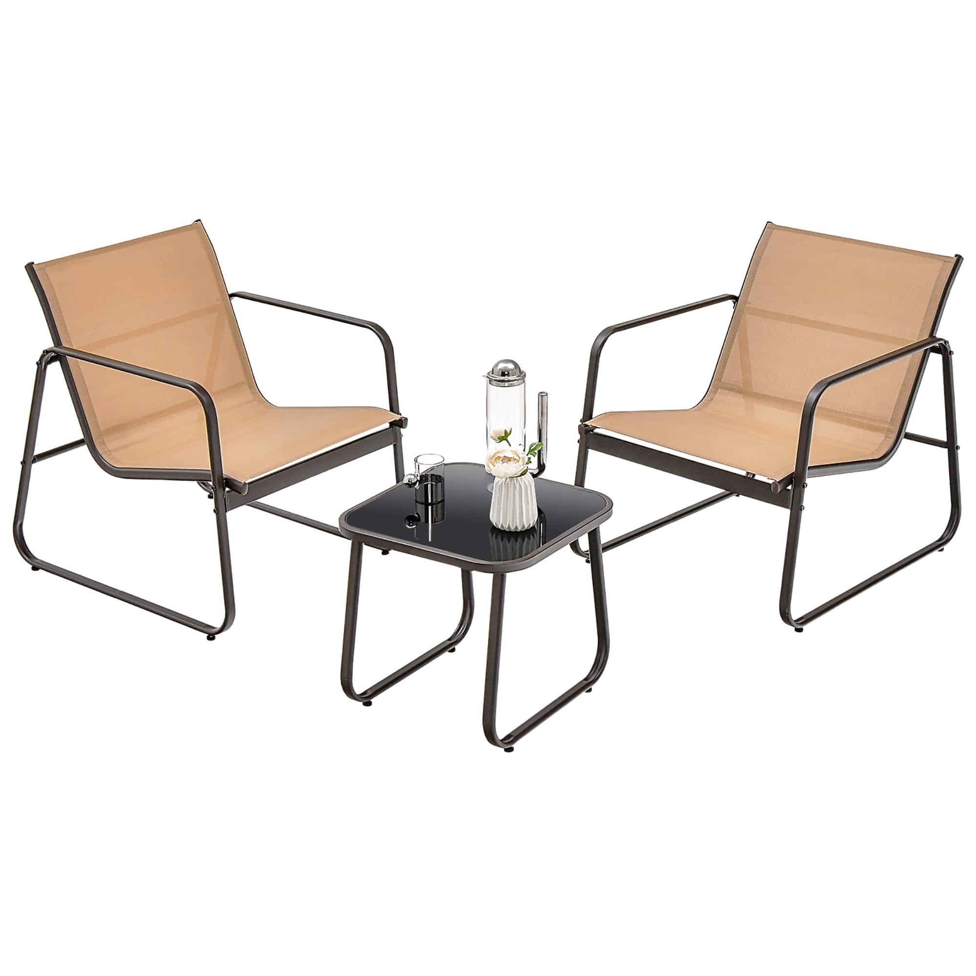 Costway - 3 Pieces Patio Conversation Set Outdoor Metal Chair & Table Tempered Glass Top - Brown