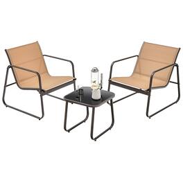 Costway - 3 Pieces Patio Conversation Set Outdoor Metal Chair & Table Tempered Glass Top - Brown