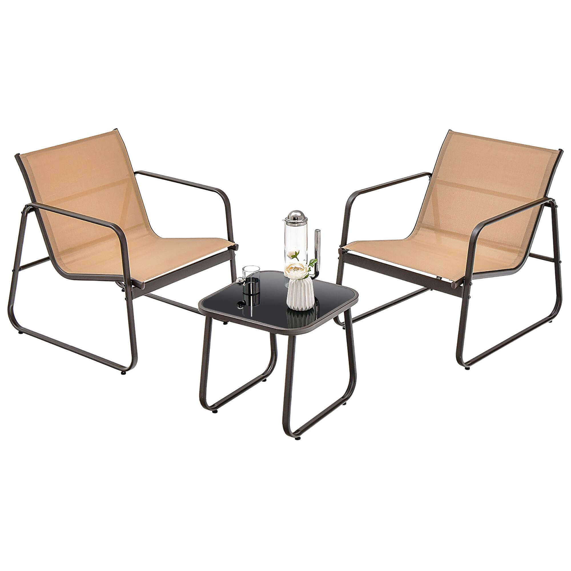Front. Costway - Costway 3 Pieces Patio Conversation Set Outdoor Metal Chair & Table Tempered Glass Top - Brown.