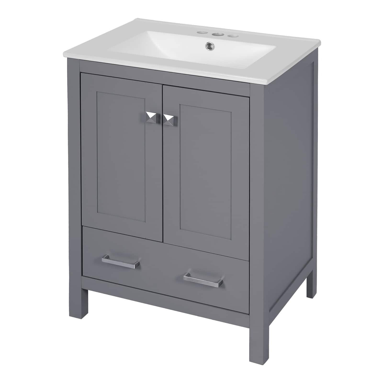 Ecooso - 24" Bathroom Vanity with Ceramic Sink, 2 Doors, 1 Divided Drawer, Soft-Close, Freestanding Cabinet - Gray