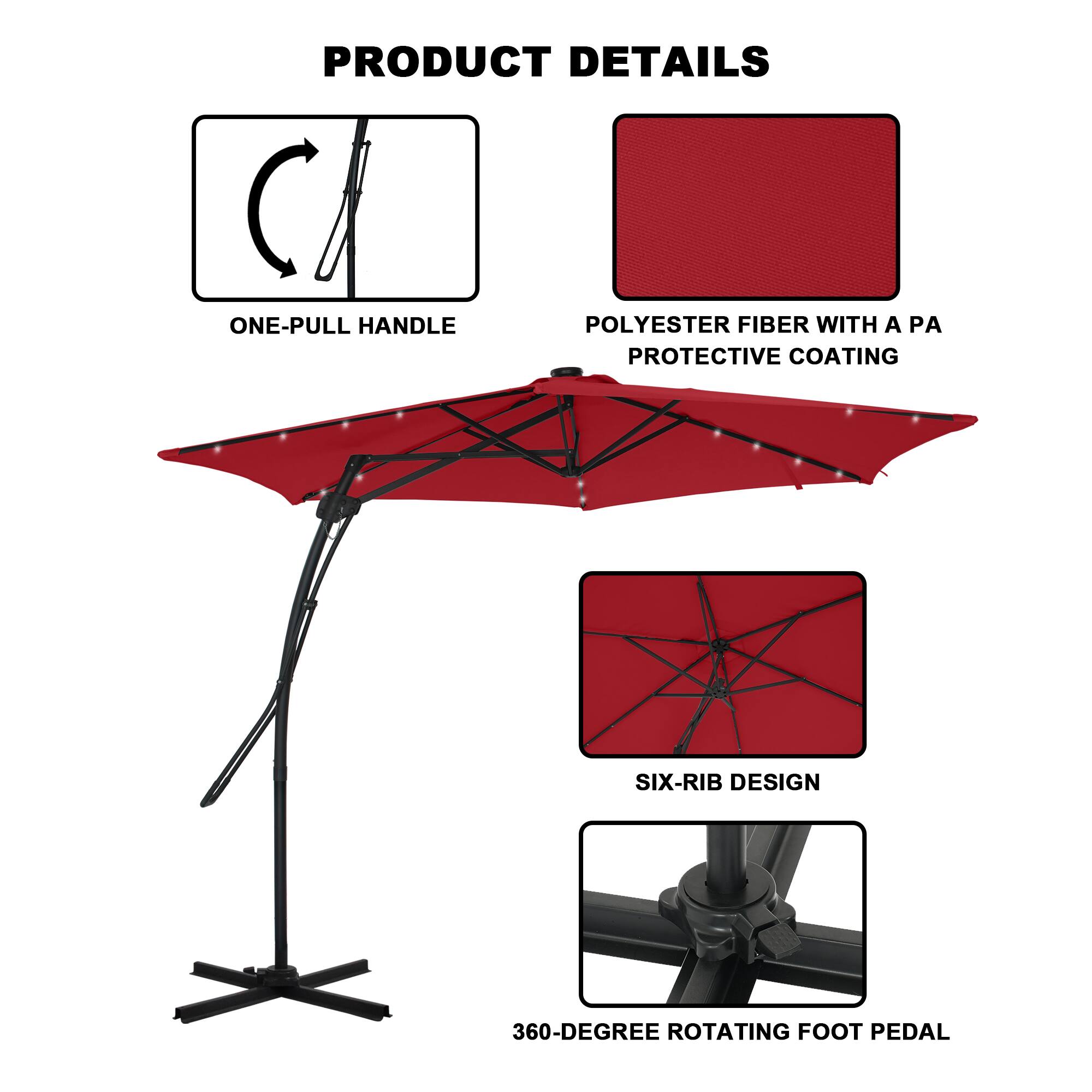 PRODUCT DETAILS

- ONE-PULL HANDLE
- POLYESTER FIBER WITH A PA PROTECTIVE COATING
- SIX-RIB DESIGN
- 360-DEGREE ROTATING FOOT PEDAL
