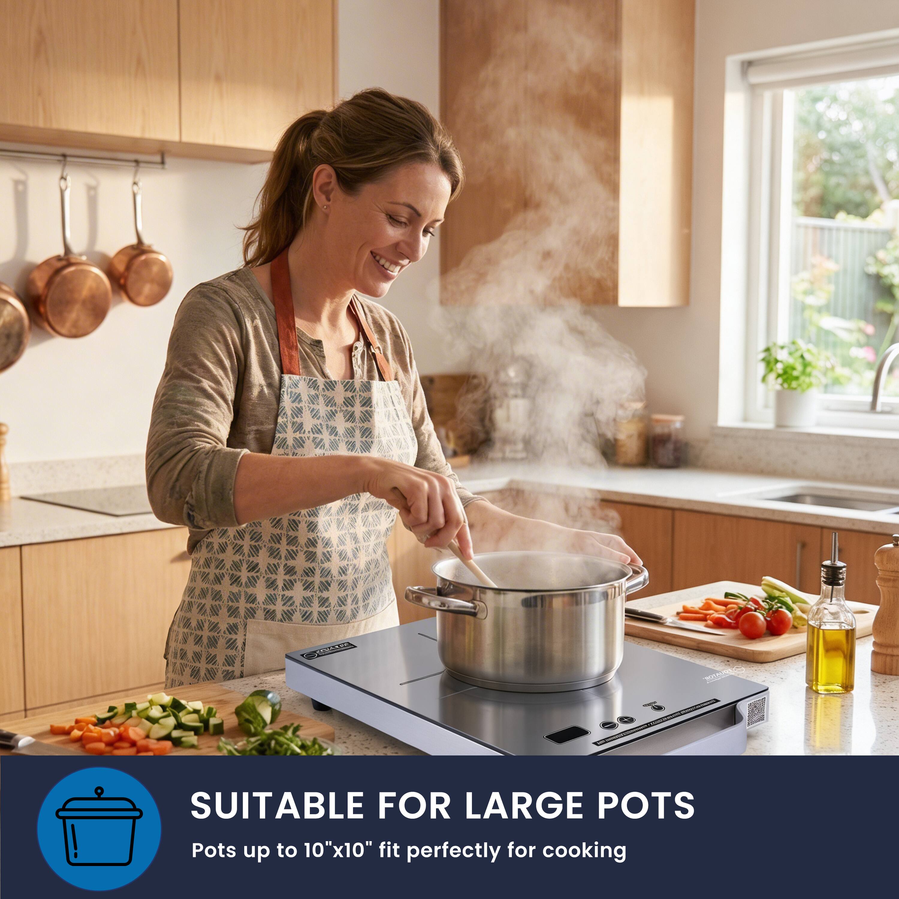 SUITABLE FOR LARGE POTS  
Pots up to 10"x10" fit perfectly for cooking