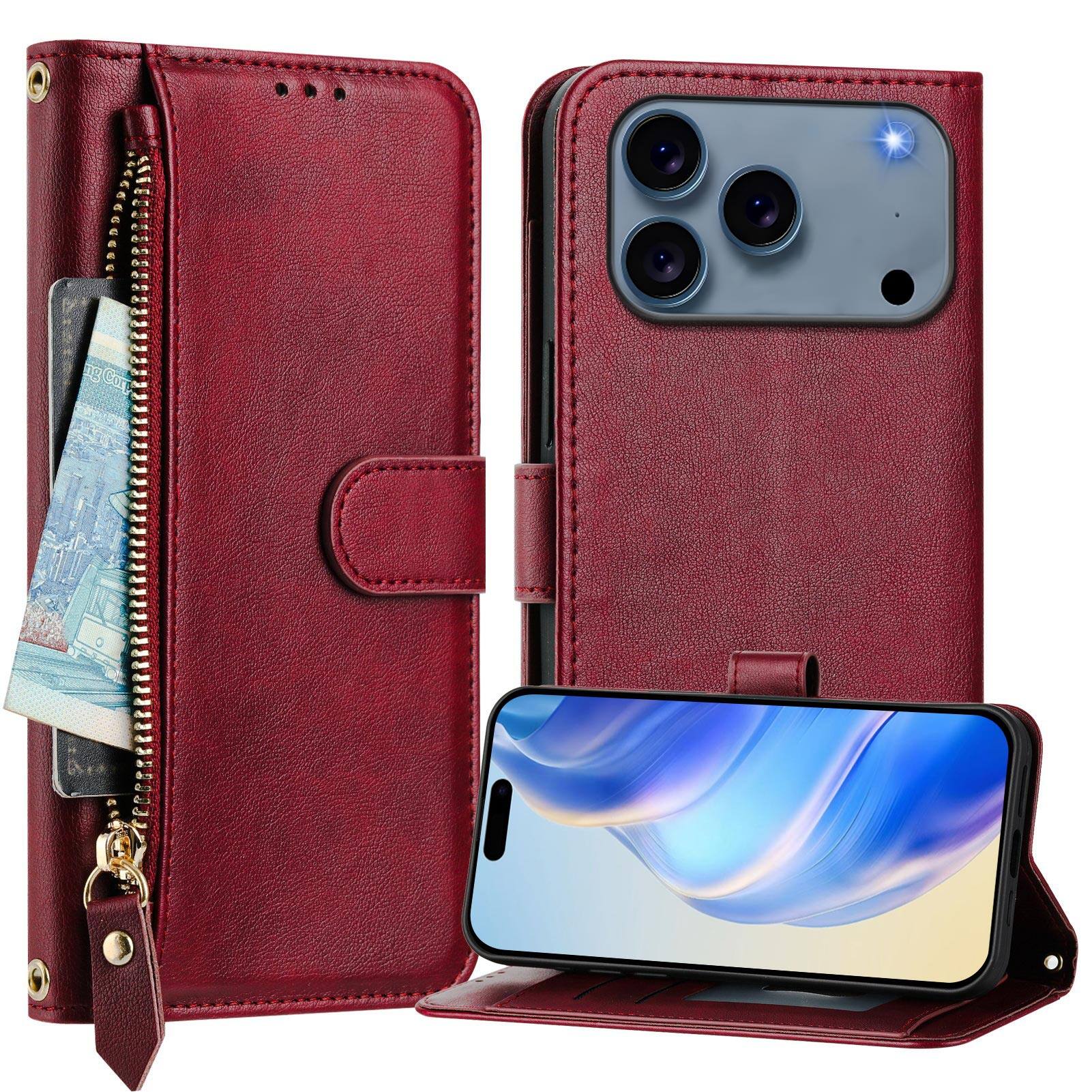Angle. UUCOVER - Zipper Wallet Case for iPhone 17 Pro Magnetic PU Leather Card Slots Pocket Stand Cover with Shoulder / Wrist Strap - Winered.