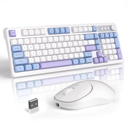 Cozy Serene - Wireless Gaming And Mouse Combo V560 Rgb Backlit Rechargeable Mechanical Feel hz Quiet For Laptop Pc - Blue White Purple