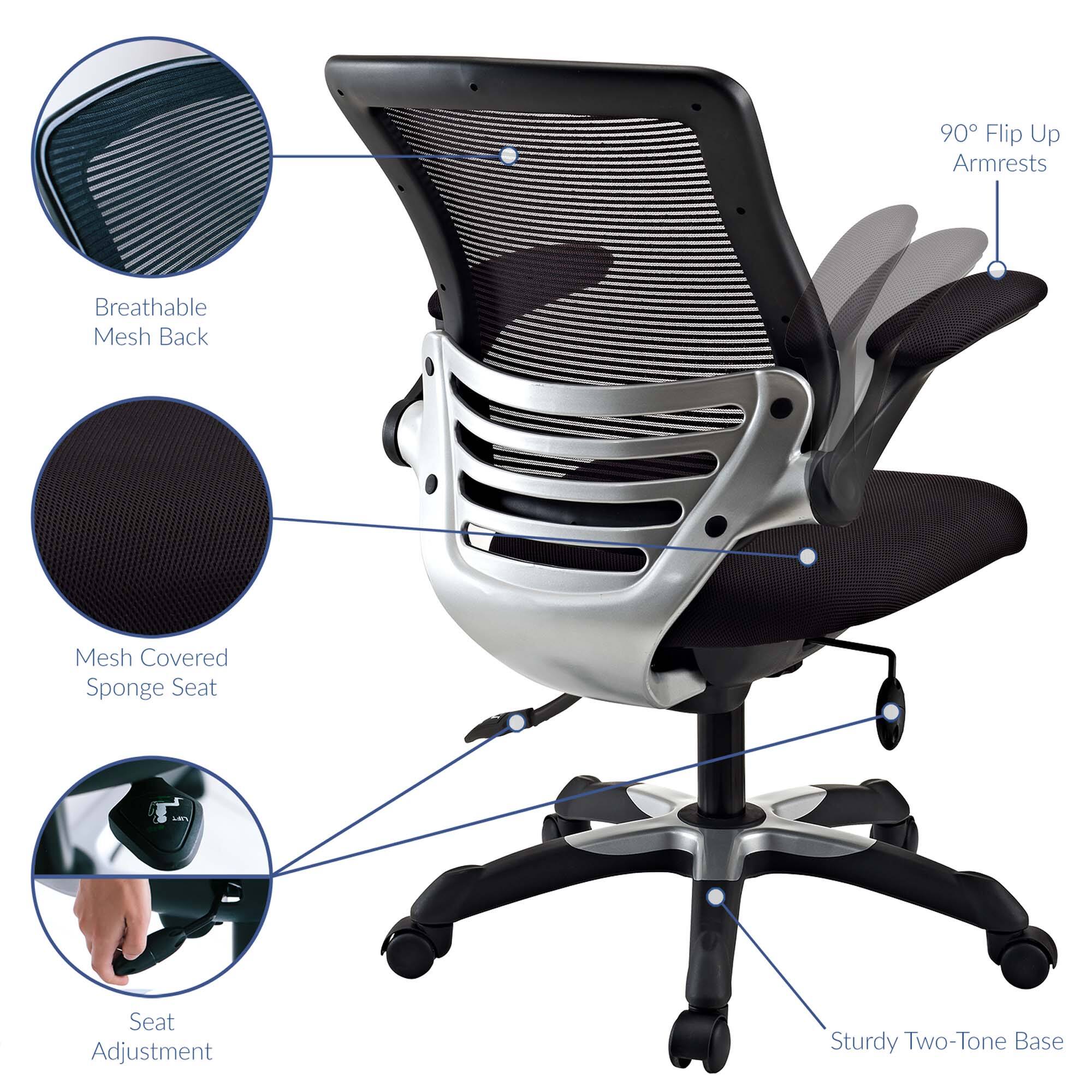 - 90° Flip Up Armrests
- Breathable Mesh Back
- Mesh Covered Sponge Seat
- Seat Adjustment
- Sturdy Two-Tone Base