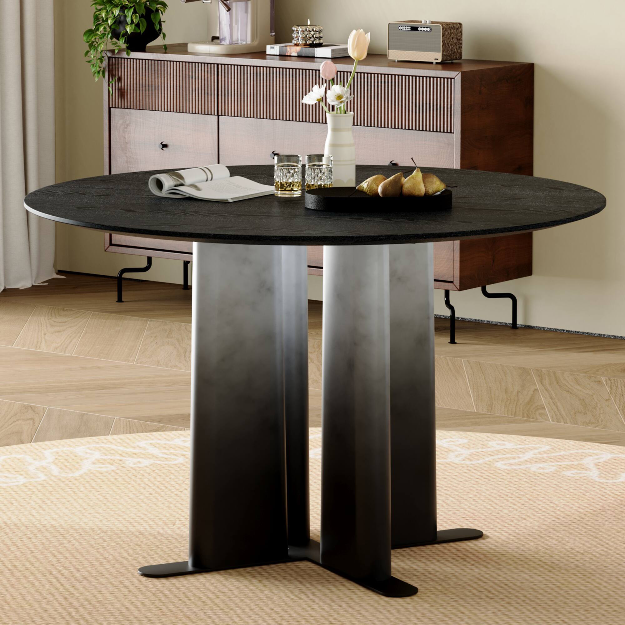 Angle. Loheer - Loheer- 3.94 Ft Round Black Wood Grain MDF Dining Table with Cross Base Modern Kitchen Table for Small Spaces - Black.