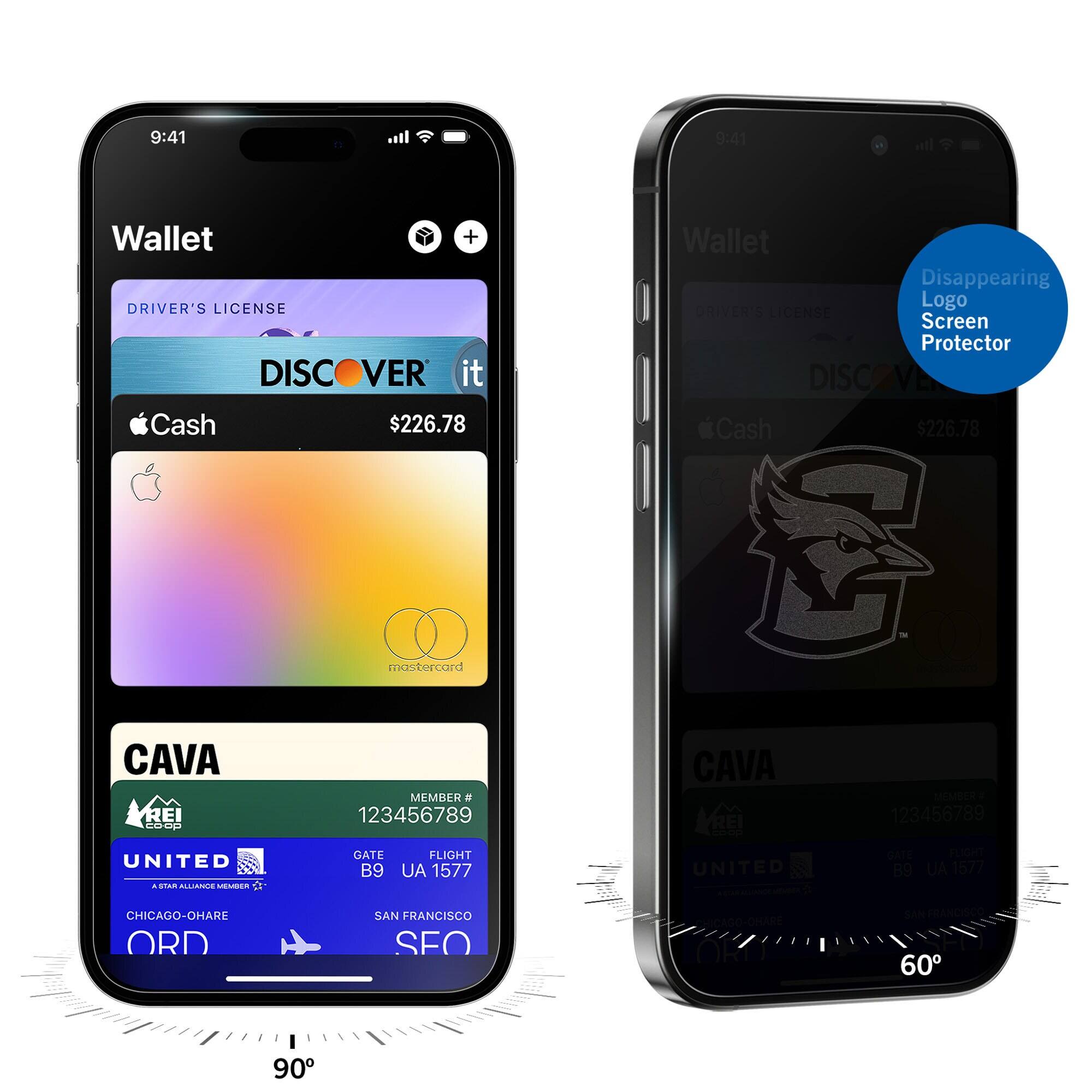 9:41  
Wallet + DRIVER'S LICENSE DISCOVER it Cash $226.78  
Wallet Disappearing Logo DRIVER'S LICENSE Screen Protector DISCOVER it Cash $226.78  
mastercard  

CAVA REI coop  
MEMBER # 123456789  
CAVA REI coop  
MEMBER 123456789  
UNITED A STAR ALLIANCE MEMBER  
GATE FLIGHT B9 UA 1577  
UNITED  
GATE FLIGHT B9 UA 1577  
CHICAGO-OHARE ORD  
SAN FRANCISCO SFO