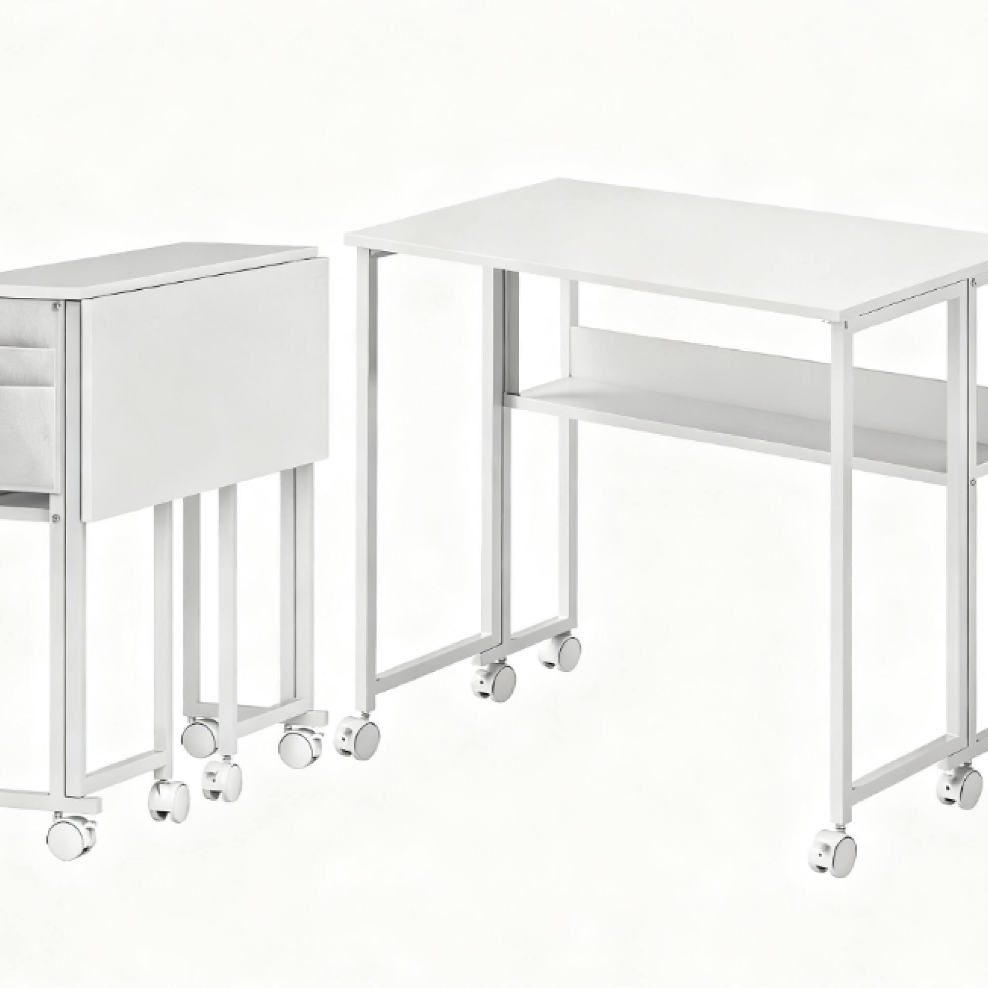 Angle. GOODSILO - Space-Saving Foldable Computer Desk with Storage Shelf and Mobile Wheels for Compact Home Office - White.