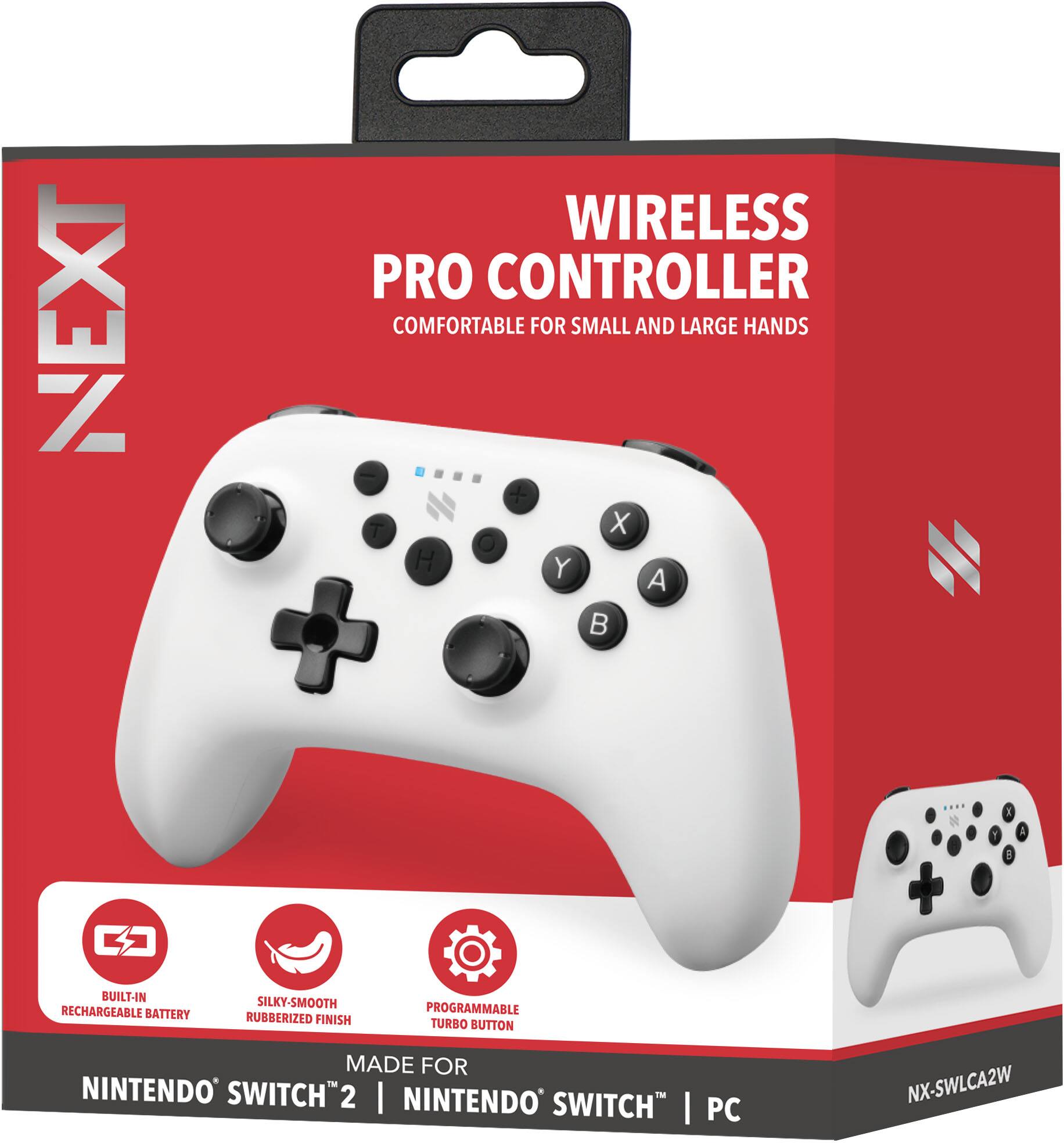 **NEXT**

**WIRELESS PRO CONTROLLER**  
COMFORTABLE FOR SMALL AND LARGE HANDS

- BUILT-IN RECHARGEABLE BATTERY
- SILKY-SMOOTH RUBBERIZED FINISH
- PROGRAMMABLE TURBO BUTTON

MADE FOR  
NINTENDO SWITCH™ 2 | NINTENDO SWITCH™ | PC

NX-SWLC2W