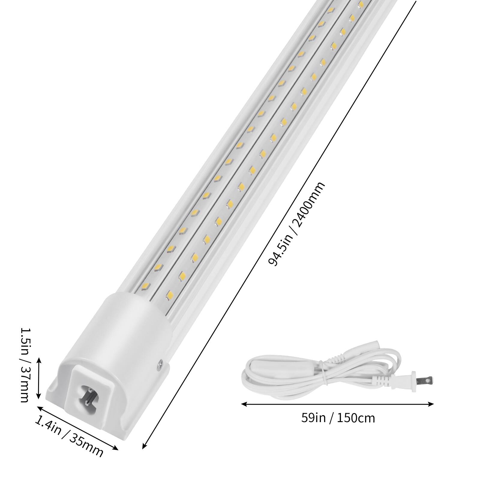 - Length: 94.5in / 2400mm
- Width: 1.5in / 37mm
- Depth: 1.4in / 35mm
- Power cord length: 59in / 150cm