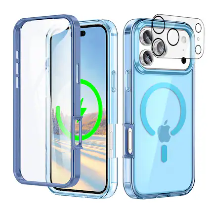 Front. Dteck - Magnetic For Apple iPhone 17 Pro Max Full Body Case Built-in Screen Protector Cover with Camera Lens Protector - Blue.