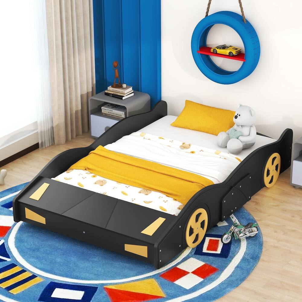 Angle. Loheer - Loheer Full Size Race Car Bed with Storage, Black Yellow Car Shaped Platform Bed - Black+Yellow.