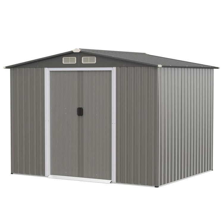 Front. SlickBlue - Durable Galvanized Steel Garden Storage Shed for Tools and Equipment - Grey.