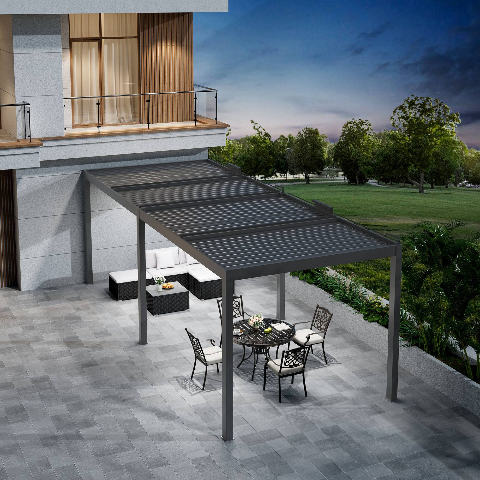 Left. Mondawe - 10ft x 26ft Solar-Powered Aluminum Pergola with Adjustable Louvers and Hidden Drainage System - Grey.