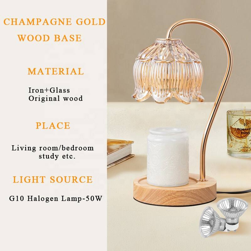 CHAMPAGNE GOLD  
WOOD BASE  

MATERIAL  
Iron+Glass  
Original wood  

PLACE  
Living room/bedroom study etc.  

LIGHT SOURCE  
G10 Halogen Lamp-50W