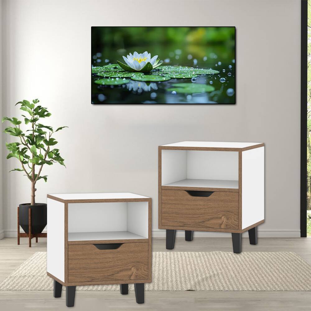 Front. Hivvago - Two-Piece Bedroom Side Table Set with Drawer and Display Shelf - Natural, White.