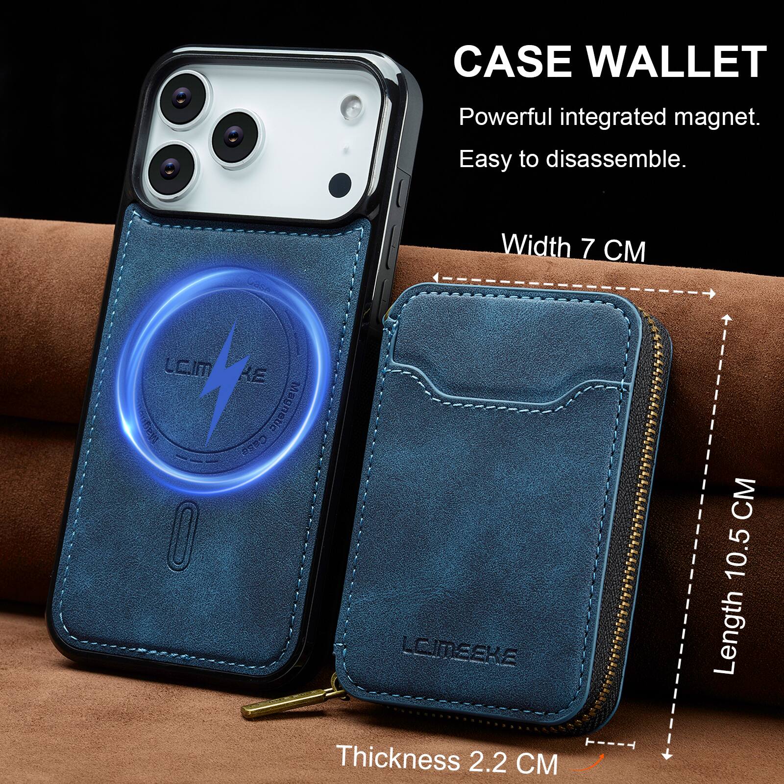 CASE WALLET  
Powerful integrated magnet.  
Easy to disassemble.  

Width 7 CM  
Length 10.5 CM  
Thickness 2.2 CM