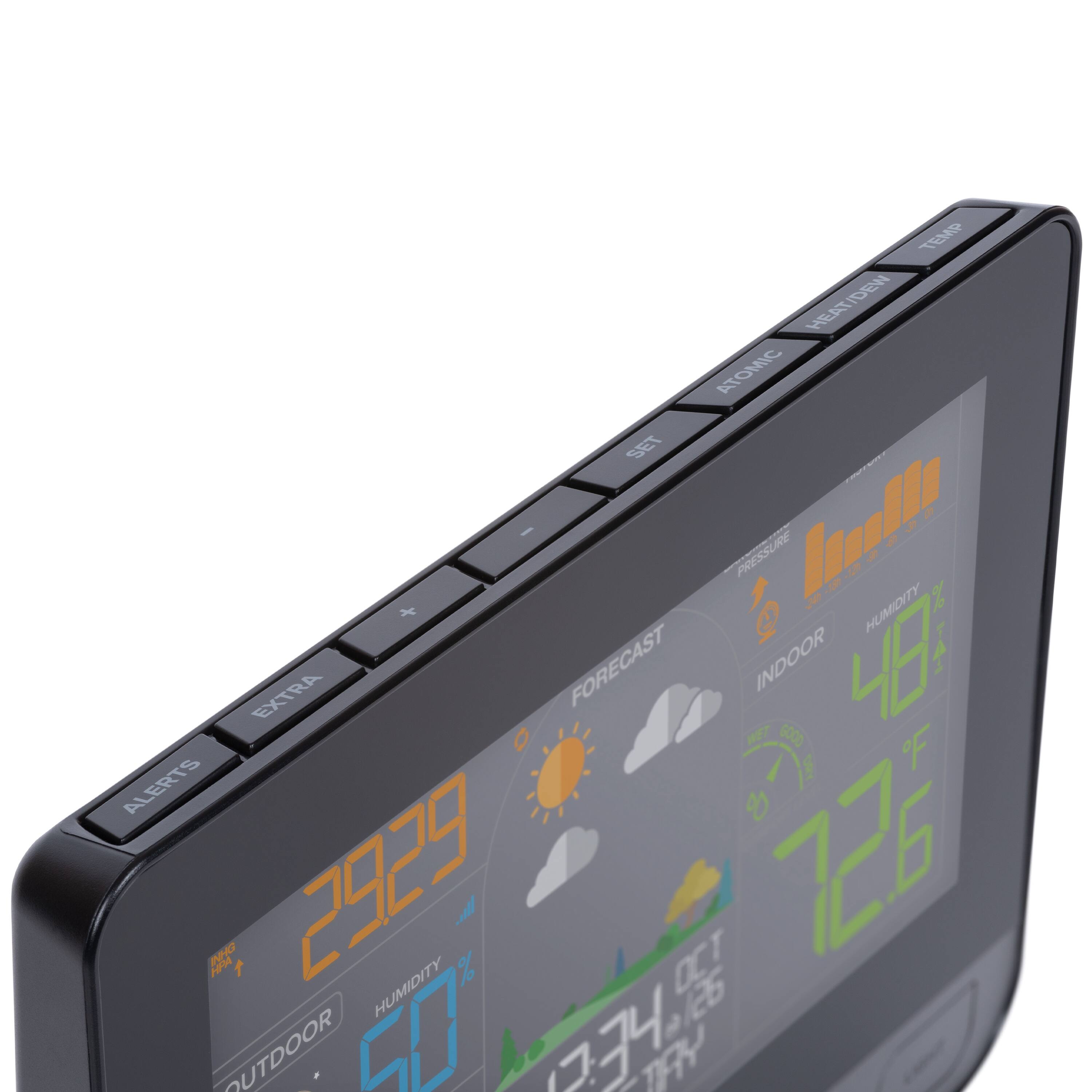 TEMP HEAT/DEW DN HEAT ATOMIC SET I I PRESSURE % + 1 HUMIDITY FORECAST INDOOR 42 EXTRA WE7 G000 F ALERTS a 2929 DCT 7ZG HM % HUMIDITY 3 OUTDOOR CO 4 TFR