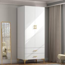 Tiramisubest - Wardrobe Armoire with 2 Drawers and Hanging Rods,Twill Wooden Closet Storage with Metal Cabinet Legs,(Left Modern) - White