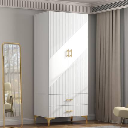 Front. Tiramisubest - Wardrobe Armoire with 2 Drawers and Hanging Rods,Twill Wooden Closet Storage with Metal Cabinet Legs,White(Left Modern) - White.