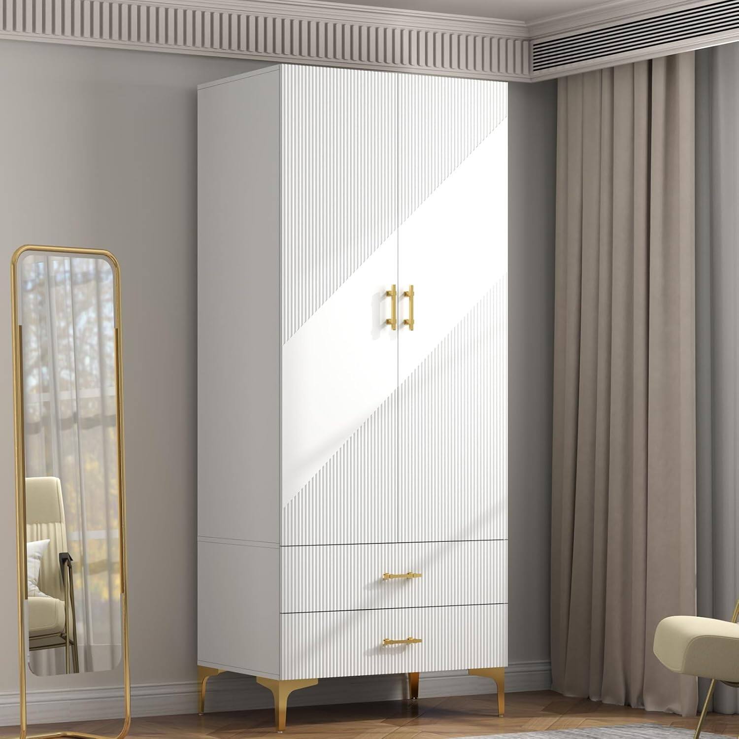 Front. Tiramisubest - Wardrobe Armoire with 2 Drawers and Hanging Rods,Twill Wooden Closet Storage with Metal Cabinet Legs,White(Left Modern) - White.