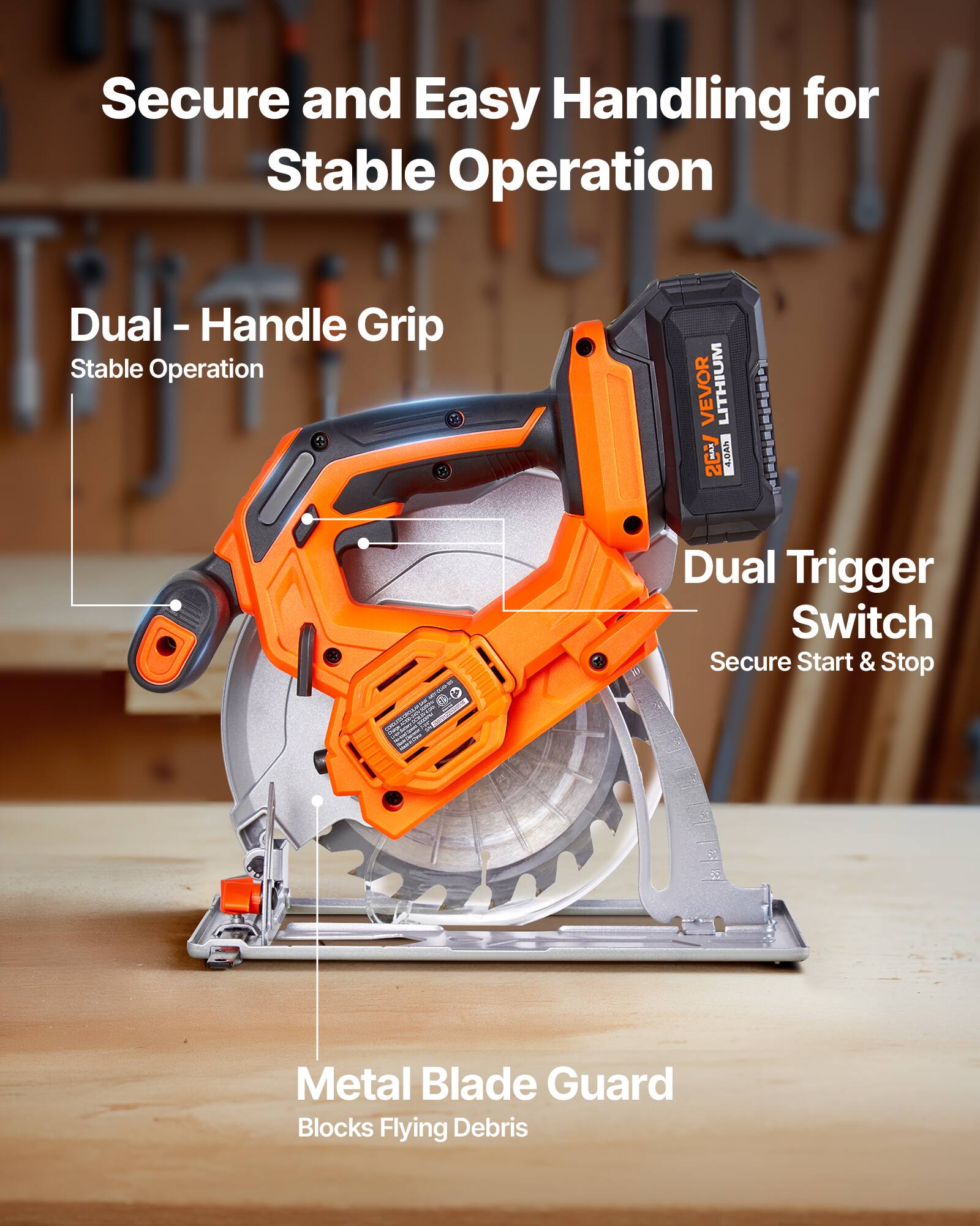 Secure and Easy Handling for Stable Operation

Dual - Handle Grip
Stable Operation

Dual Trigger Switch
Secure Start & Stop

Metal Blade Guard
Blocks Flying Debris