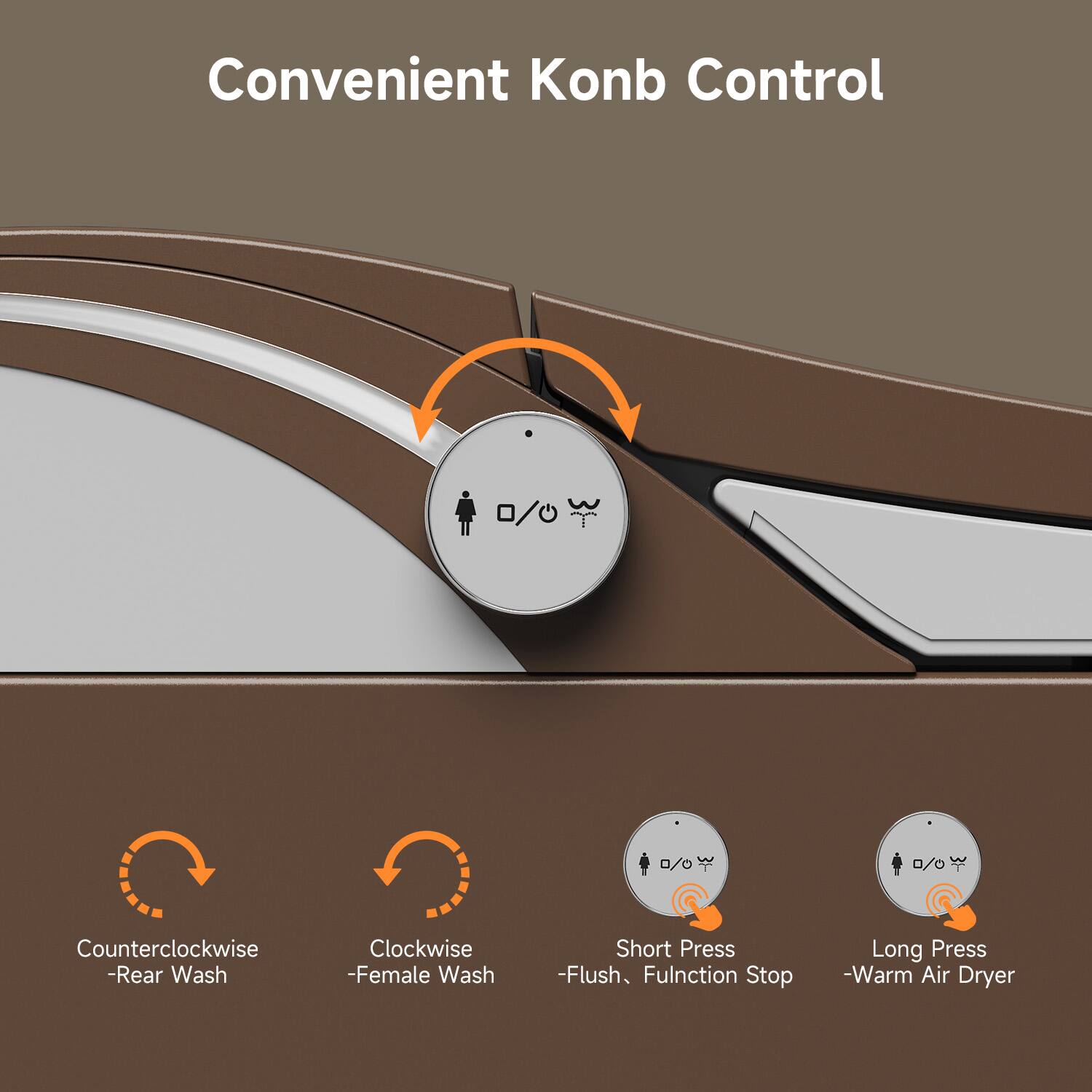 Convenient Konb Control

- Counterclockwise - Rear Wash
- Clockwise - Female Wash
- Short Press - Flush, Function Stop
- Long Press - Warm Air Dryer