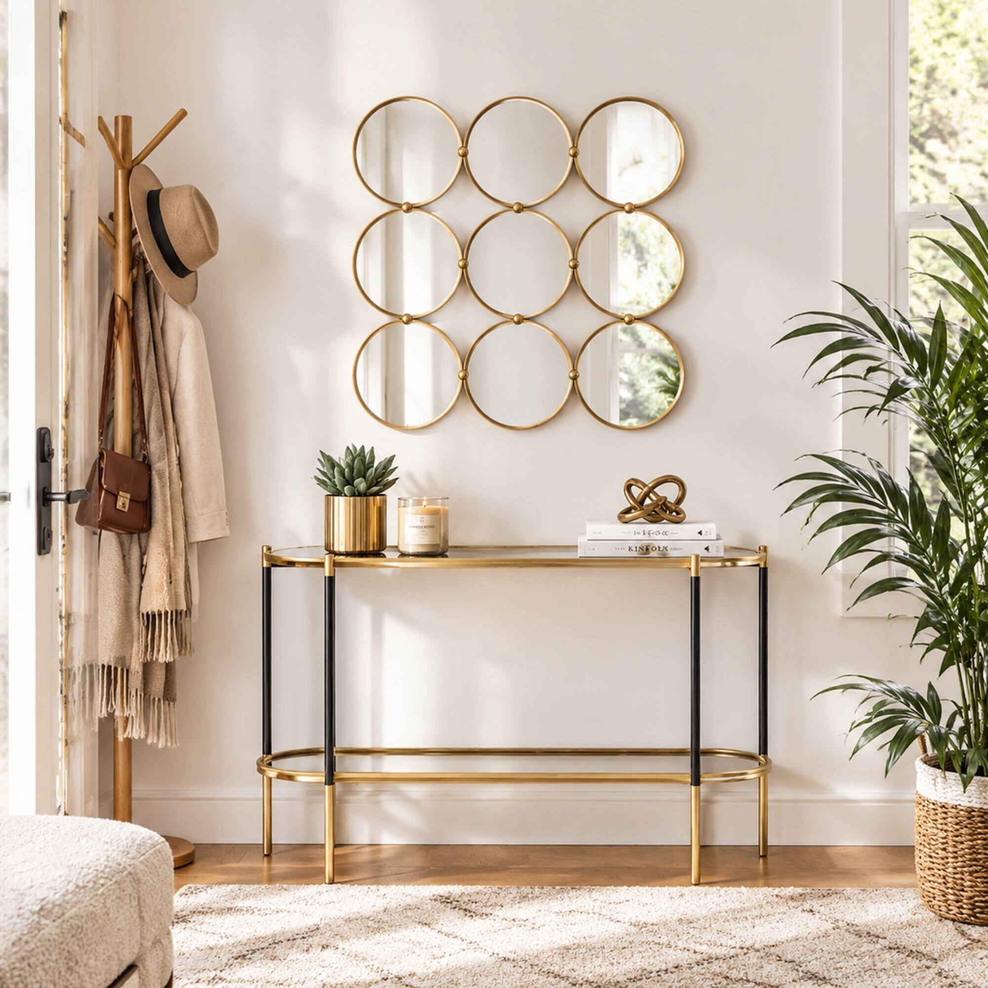 Left. RYHNUYNE - 27.2 in Square Decorative Wall Mirror, 9 Ring Metal Frame, Mid-Century Style, Iron and MDF - Champagne.