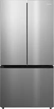 Front. Midea - 33 in. Wide Counter-Depth PLUS 23 Cu. Ft. French Door Refrigerator + Water2Ways - Stainless Steel.
