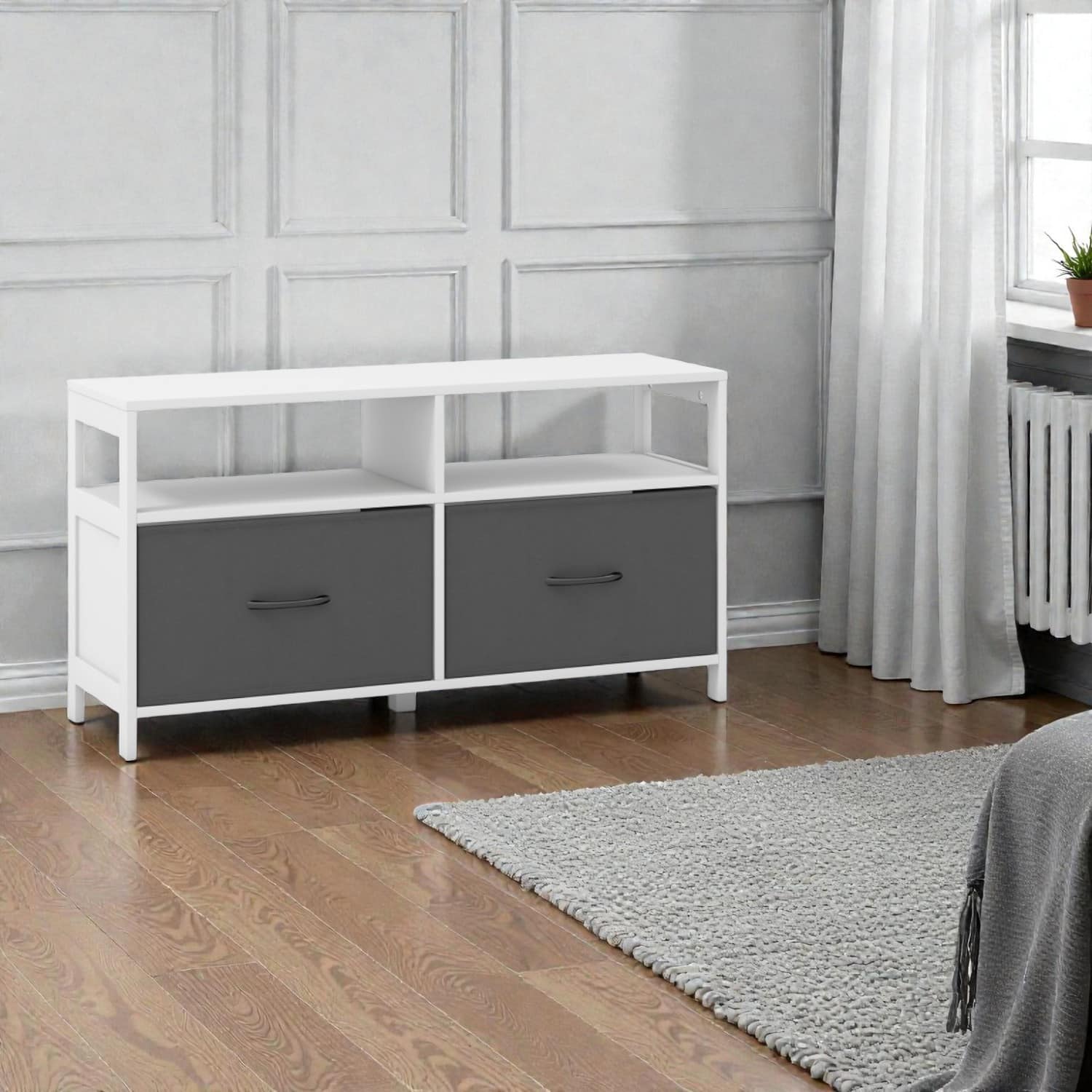 Hivvago - Two-Drawer Fabric Dresser with Additional Open Shelf Sections - Gray, White