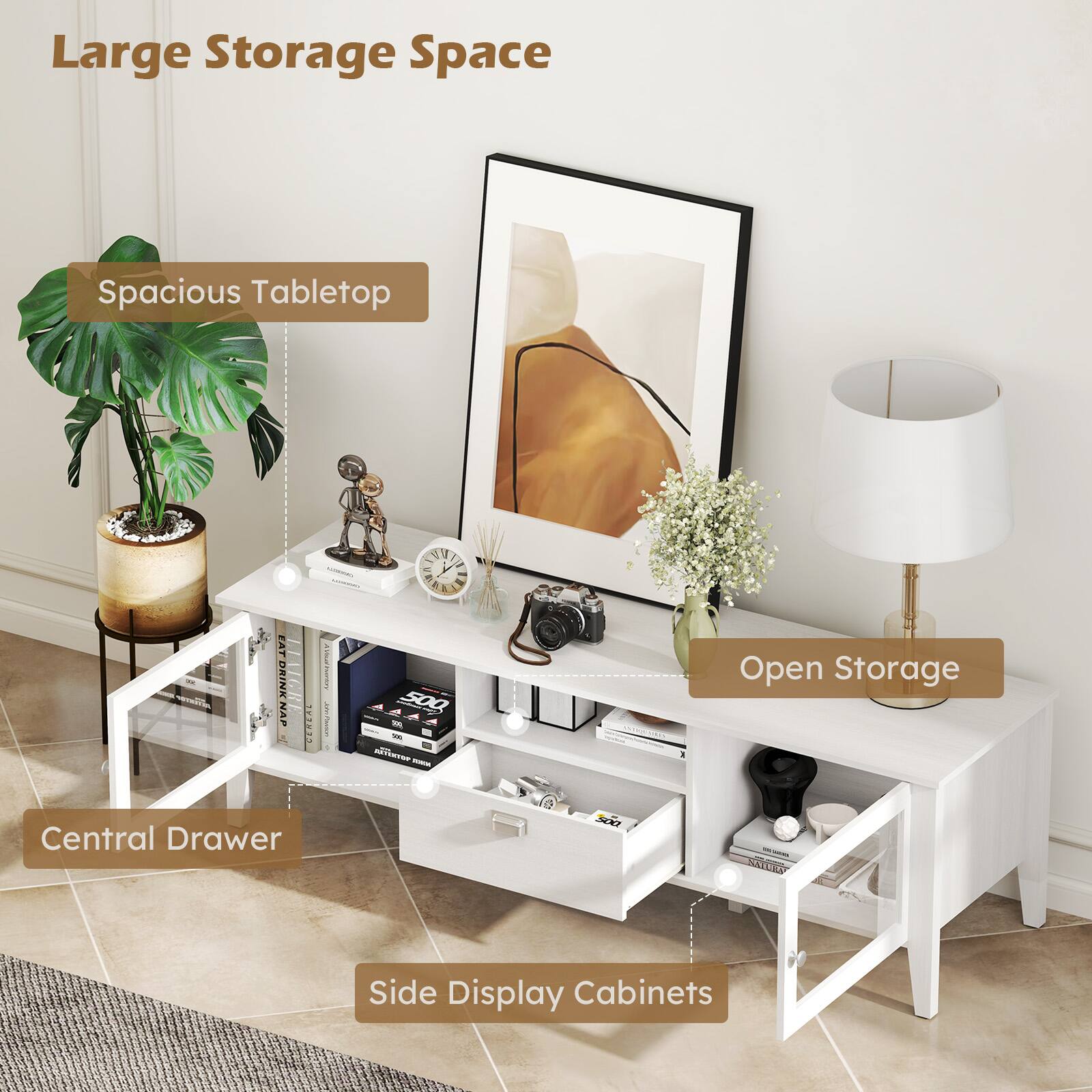 Large Storage Space  
Spacious Tabletop  
Central Drawer  
Open Storage  
Side Display Cabinets