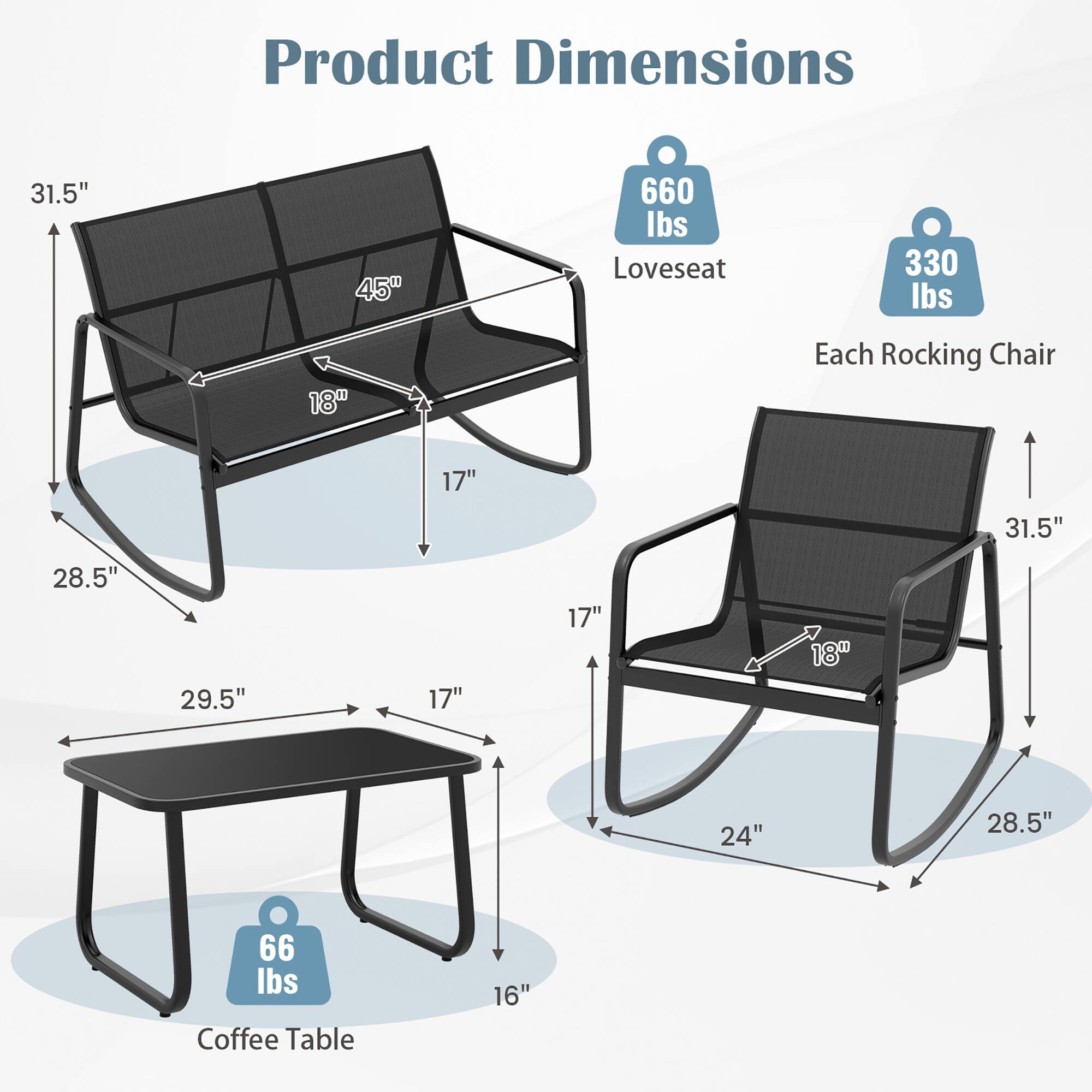 Product Dimensions

- Loveseat: 31.5" x 45" x 28.5" (Height x Width x Depth), 660 lbs
- Each Rocking Chair: 31.5" x 17" x 24" (Height x Width x Depth), 330 lbs
- Coffee Table: 17" x 29.5" x 16" (Height x Width x Depth), 66 lbs