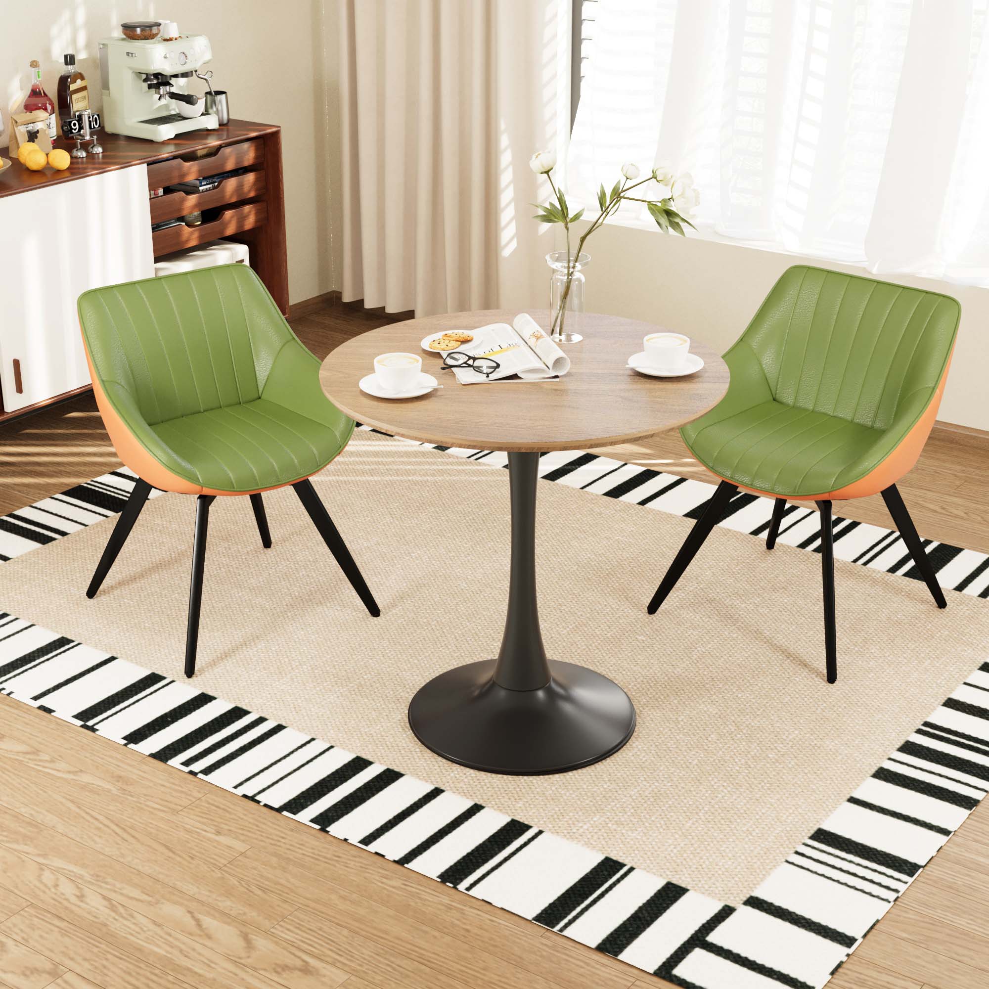 Front. TinyHomie - 31.5in walnut MDF round dining table tulip dining table and 2 artificial leather decorative chairs with black metal legs - Green and Walnut.