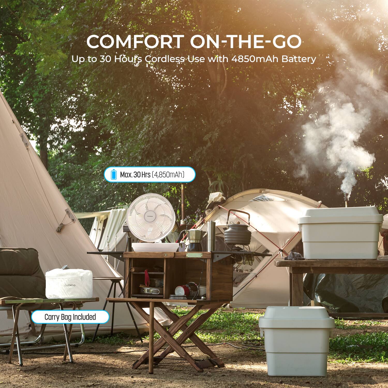 COMFORT ON-THE-GO  
Up to 30 Hours Cordless Use with 4850mAh Battery  

Max. 30 Hrs (4,850mAh)  

Carry Bag Included