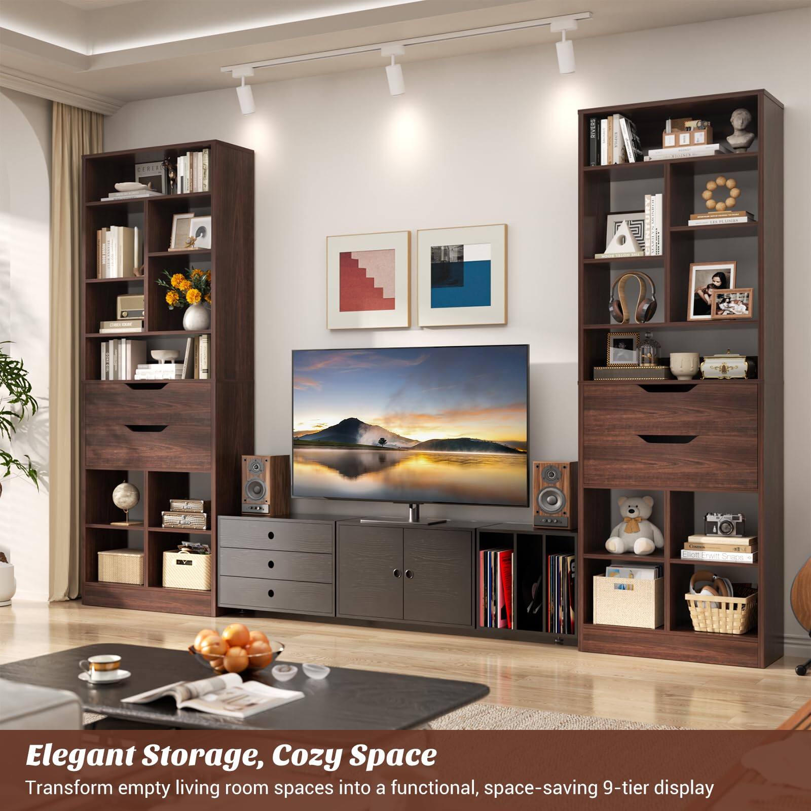 Elegant Storage, Cozy Space  
Transform empty living room spaces into a functional, space-saving 9-tier display