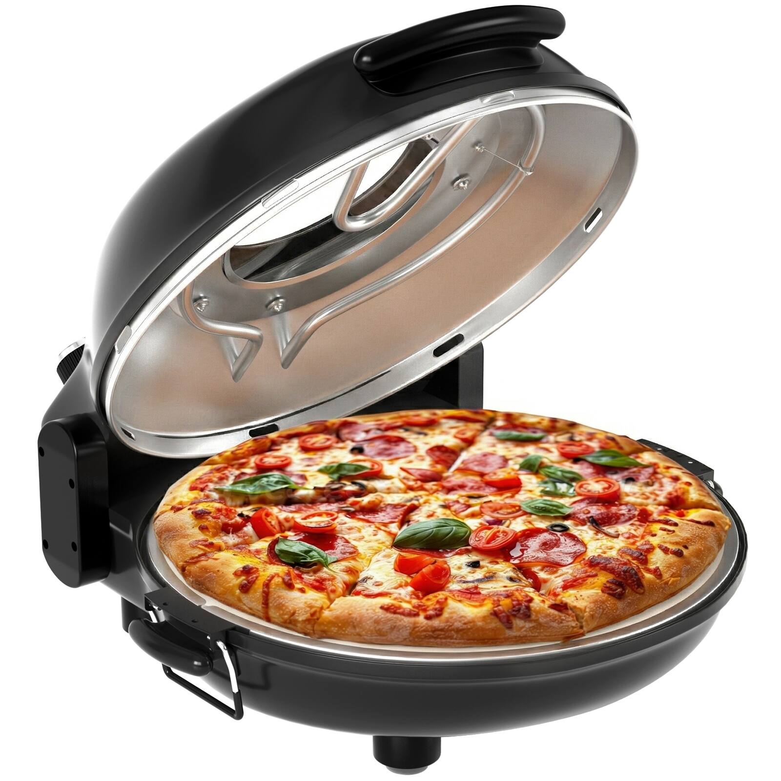 Left. Topteng - 12 Inch Countertop Electric Pizza Oven - 800°F Fast Cooking, Removable Ceramic Stone & Viewing Window - Red.