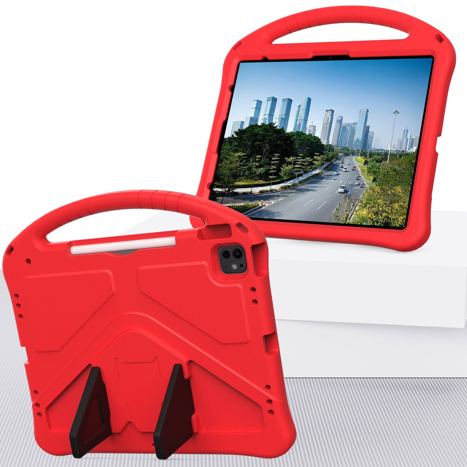 Angle. Dteck - For iPad Air 11'' (M4)2026/(M3)2025/ (M2)2024 & iPad Pro 11'' (M5) 2025/(M4) 2024 Shockproof EVA Handle Stand Kids Case - Red.