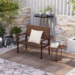 Mondawe - Outdoor Loveseat Bench with Rubber Wood Frame and Hand Woven PU Leather for Patio - Brown