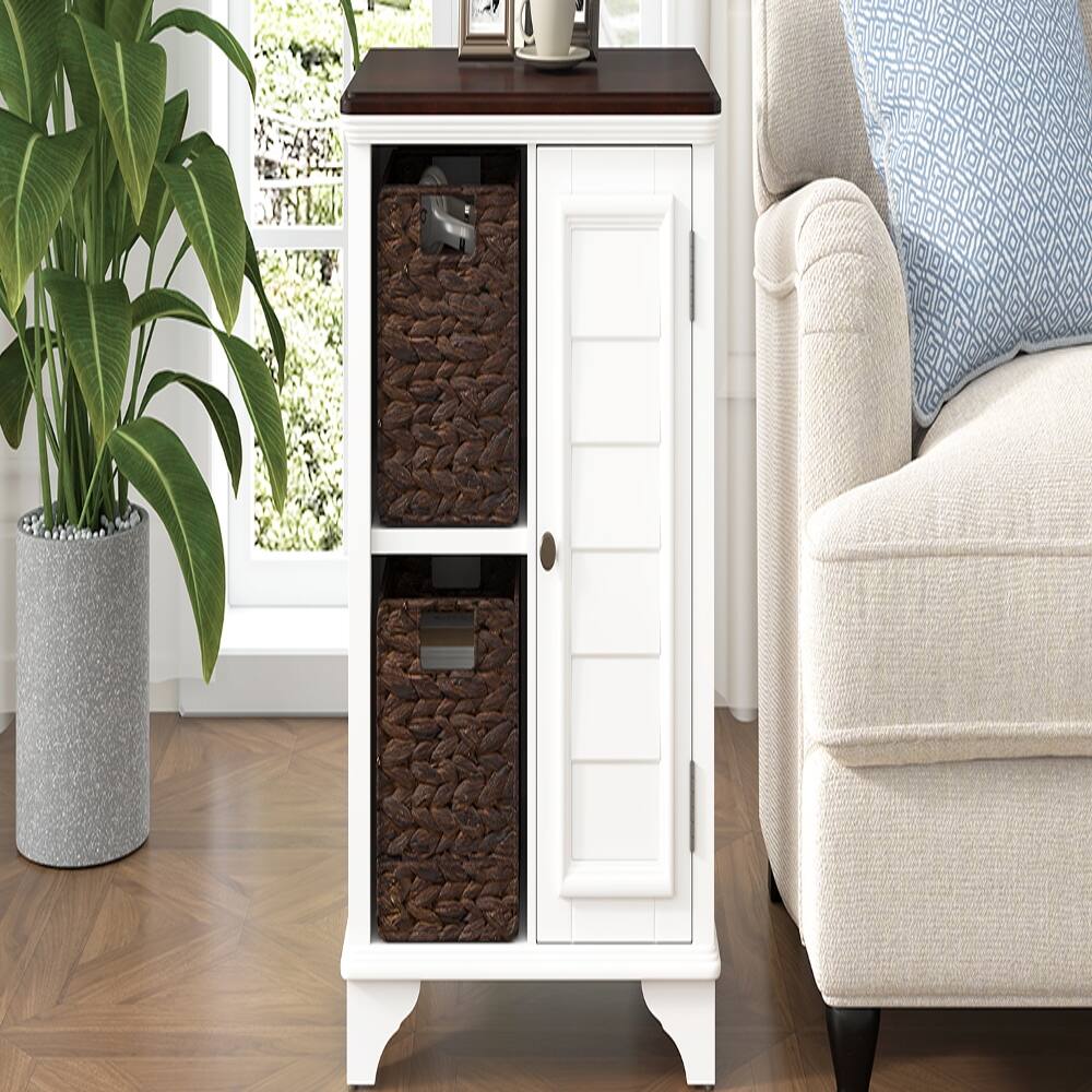 Alt View 1. Loheer - Loheer American Style End Table with Woven Baskets Shutter Style Side Table Solid Wood Base Storage Shelf - White.