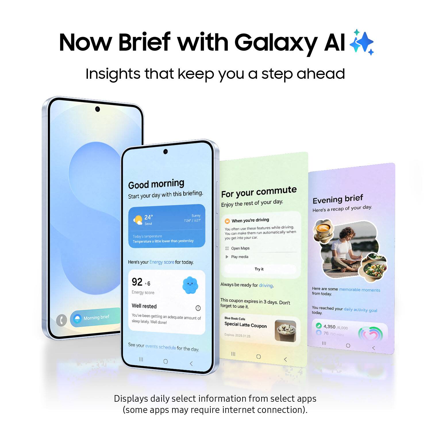 Now Brief with Galaxy Al Insights that keep you a step ahead.

Good morning. Start your day with this briefing. Your 24" Samsung 124/2T Seoul temperature is 76°F, which is 1°F warmer than yesterday. For your commute, here's a recap of your day.

Evening brief: The rest of your day. Enjoy it here.

Here's a recap of your day:

- Your Energy score for today is 92, indicating that you're well rested.
- You've been getting an adequate amount of sleep lately.
- See your events schedule for the day.
- Play media.
- Always be ready for driving. This coupon expires in 3 days. Don't forget to use the Bok Cafe Special Latte Coupon, valid until 2025.01.20.
- Here are some memorable moments from today:
  - You reached your daily activity goal today (4,350/4,000 steps).

Displays daily select information from select apps (some apps may require internet connection).