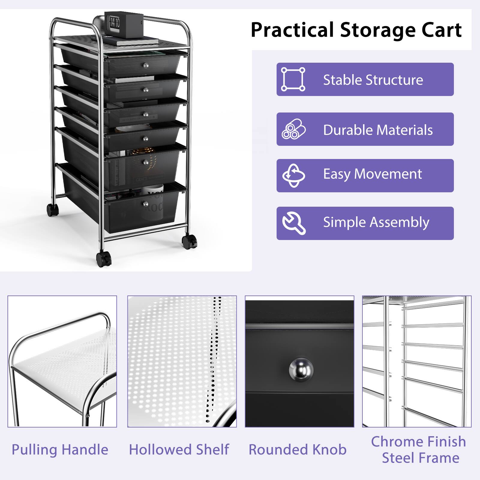 Practical Storage Cart:

* Stable structure
* Durable materials
* Easy movement
* Simple assembly
* Chrome finish
* Pulling handle
* Hollowed shelf
* Rounded knob
* Steel frame