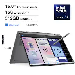 Lenovo - Yoga 7i 2-in-1 Laptop 16.0 WUXGA (Intel Ultra 5-226v, 16GB LPDDR5X, 512GB SSD, Win 11 Home) w/USB Hub - Luna Grey
